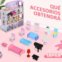 HOMCOM Casa de Muñecas con Muebles de 4 Niveles Altura 80,5 cm con 13 Accesorios Mobiliario Casita Muñeca Jueguetes de Madera 60,5x30x80,5 cm Rosa - details 5