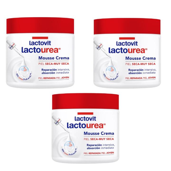 Lactovit Lactourea Mousse Crema Hidratante  3x400 ml - Reparadora para Piel Seca y Muy Seca, 24 Horas de Hidratación Facial y Corporal