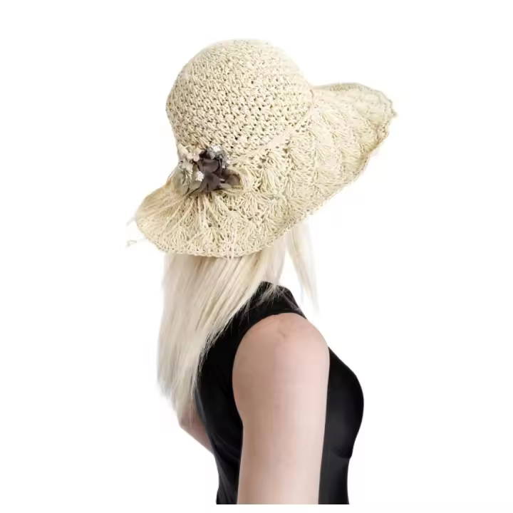 Sombrero Paja Crema Floral Artesanal Sombrero Pamela plegable fácil de guardar y llevar en vacaciones, Gorro Mujer para el Sol, Piscina, Playa, Uso diario Verano Sombrero de ala Ancha Grande Talla única ajustable - 1