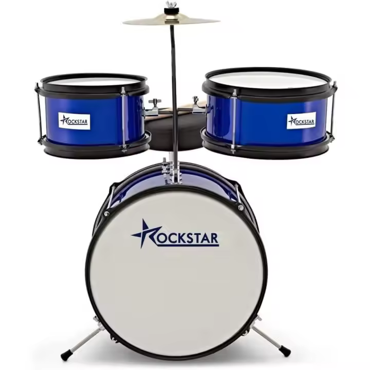 ROCKSTAR MUSIC - Batería Infantil para Niños de Madera 1043-BBL Instrumento Musical Asiento Pedal de Bombo y Baquetas - 1