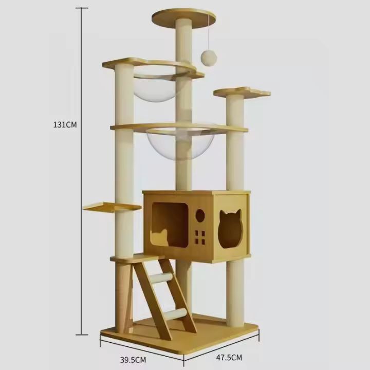 Torre Rascador para Gatos, 131 cm de Alto, Casa con Escalera, Plataformas y Hamacas, Base 47,5 x 39,5 cm, Color Beige - 1