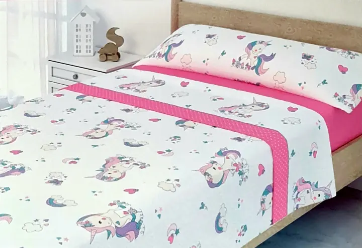 JIMÉNEZ®️ -  Sabanas de invierno, juego de 3 piezas infantiles, térmicas pirineo,90x190/200cm sábana bajera ajustable, sábana encimera mas 1 funda de almohada, Unicornio rosa Jimenéz Home. - 1