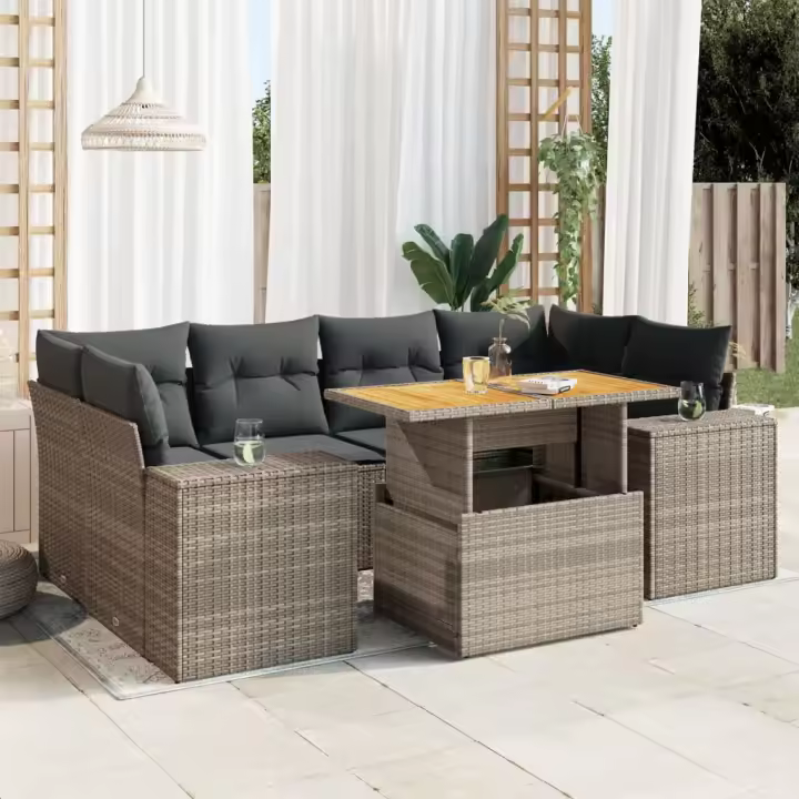 vidaXL Set de sofás de jardín 7 pzas con cojines ratán sintético gris - 1