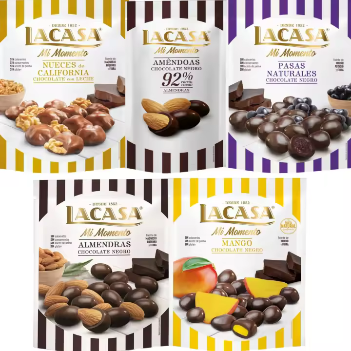Lacasa Mi Momento pack de 5:Almendra 92% 65G,Nueces Leche 115G,Pasas choco Negro 150G,Almendra choco Negro 125G,Mango choco Negro 115G - 1