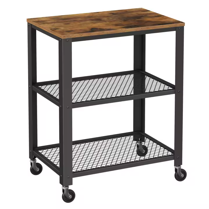 VASAGLE Carrito Auxiliar de Servicio de 3 Niveles, con Ruedas, 60 x 40 x 77,5 cm, Tablero de sobremesa, para Cocina, Sala de Estar, Vintage y Negro - 1
