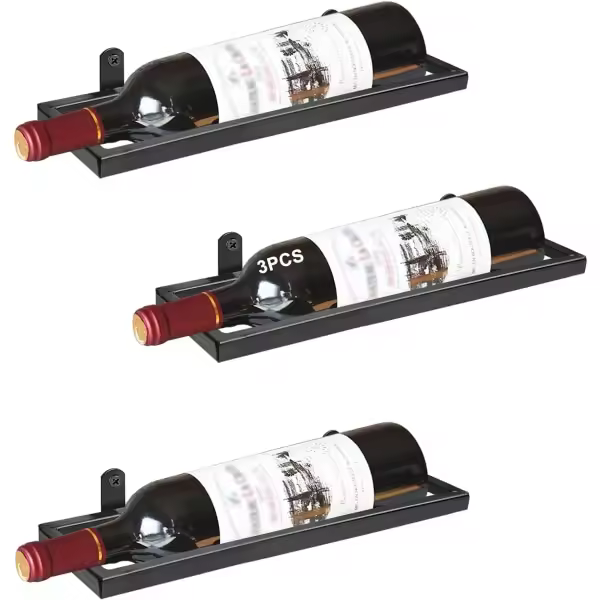 Botelleros metálicos de pared para vino, expositor colgante para botellas de vino, ideal para el hogar, la cocina y la decoración del bar (negro 3) - 1