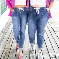 Pantalones Casuales Para Mujer Con Cordón Cintura Alta Jeans Rectos De Algodón Y Spandex Estilo Sencillo Para Todas Las Estaciones - details 11