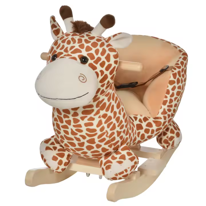 HOMCOM Caballito Balancín Bebé +18 Meses Balancín Peluche Madera con 32 Canciones Cinturón de Seguridad Girafa de Peluche 60x33x45cm - 1