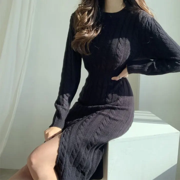 Vestido Bodycon De Invierno Para Mujer 2021 Con Cuello En V Manga Larga Suéter Tejido Maxi Vintage Sobrio Elegante De Otoño - 1