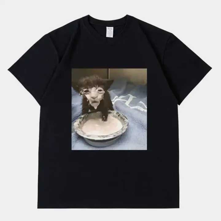 Camiseta De Gato Con Imagen De Meme De Leche Para Hombres Y Mujeres Estilo Casual Humor Extraño Camiseta Gráfica De Algodón Sobredimensionada Moda Streetwear - 1