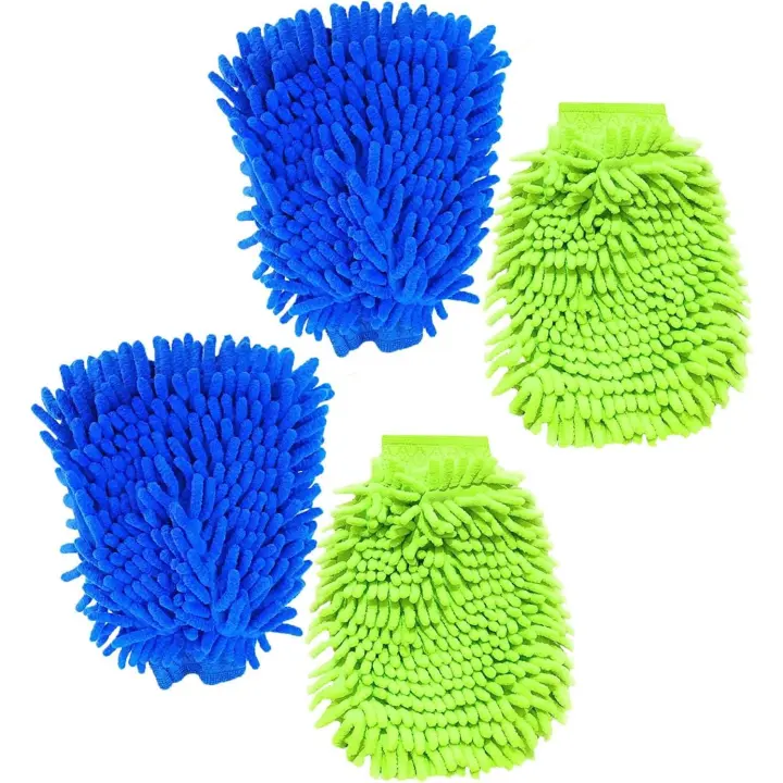 Guante de lavado de Coche de 4 piezas, Guantes De microfibra Super abrsorbentes forro de microfibra (Azul, Green) - 1