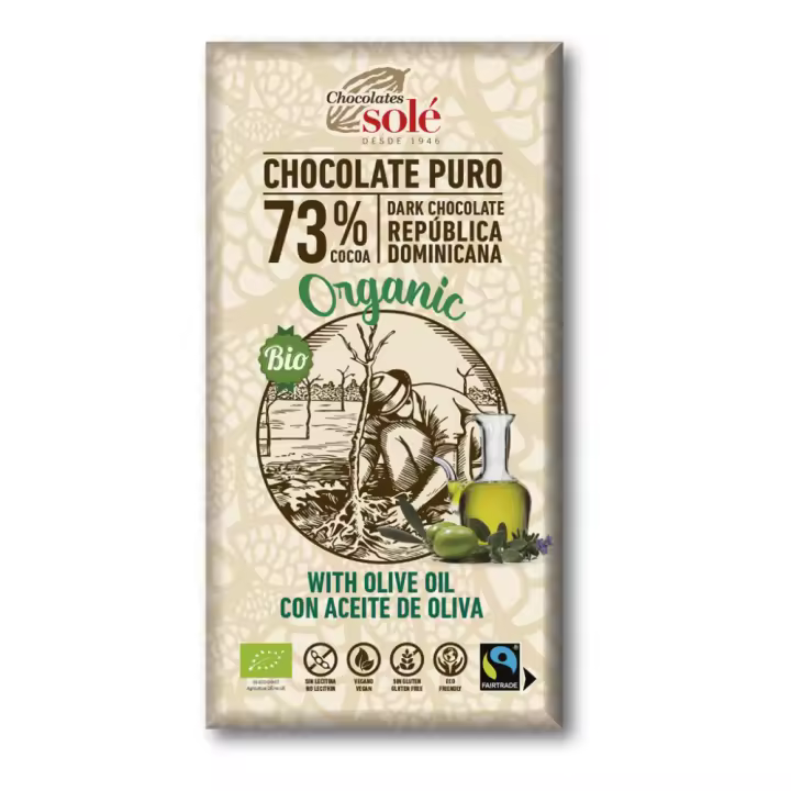 Chocolate Negro 73% Vegano con Aceite de Oliva Virgen Extra 100g - Chocolates Sole - 1