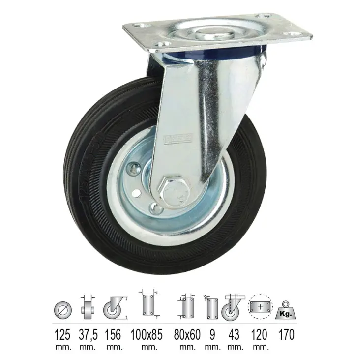 SANCO STORE - WOLFPACK LINEA PROFESIONAL Rueda Industrial Goma Negra Placa  125 mm. - 1