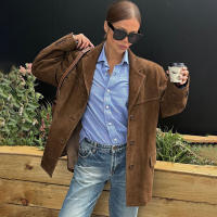 Chaqueta De Cuero Seda Vintage Para Mujer ZBZA Marrón Cuello Redondo Manga Larga Con Bolsillos Cierre Simple Estilo Casual Otoño Invierno - details 1