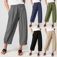 Pantalones Anchos De Algodón Para Mujer En Color Sólido Con Cintura Elástica Y Bolsillos Estilo Casual Vintage Streetwear - details 0