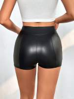 Shorts De Cuero PU Para Mujer En Negro Cintura Alta Ajustados Estilo Callejero Casual Primavera Verano Glossy Para Gimnasio Noche Fiesta - details 3