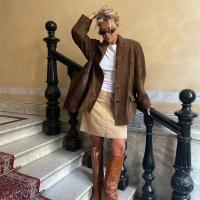 Chaqueta De Cuero Seda Vintage Para Mujer ZBZA Marrón Cuello Redondo Manga Larga Con Bolsillos Cierre Simple Estilo Casual Otoño Invierno - details 15