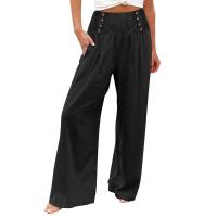 Pantalones Palaciegos De Lino Algodón Para Mujer Cintura Alta Baja Elasticidad Estilo Casual Con Bolsillos Y Botones Color Sólido Verano - details 2