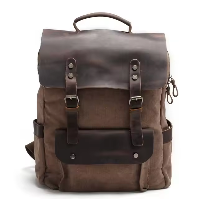 Mochila de lona encerada para ordenador portátil para hombre, Bolsa Escolar de cuero, Vintage, neutra, portátil, resistente al desgaste, bolsa de viaje - 1