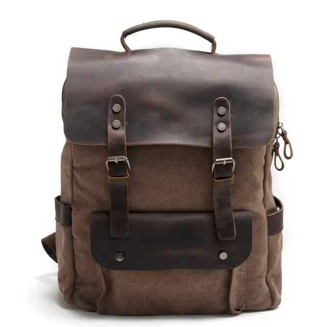 Mochila de lona encerada para ordenador portátil para hombre, Bolsa Escolar de cuero, Vintage, neutra, portátil, resistente al desgaste, bolsa de viaje - 1
