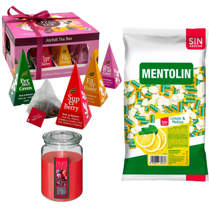 Pack surtido: MENTOLIN LIMON MELISA S/A BOLSA 1KG + Vela perfumada de frutos rojos + Caja de Té Joyfull con variedad de sabores - 1