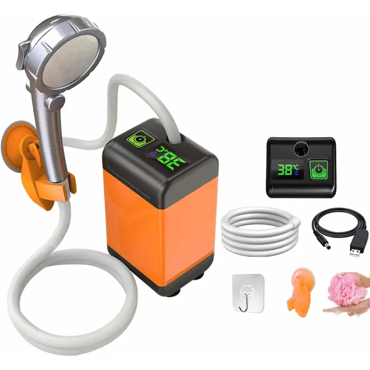 Ducha portátil de camping with Bomba, Ducha de camping al Aire Libre con recargable de 6000 mAh e indicador de temp, juego de Duchas movil con cabecal de Ducha y Manguera de 2 m Para - 1