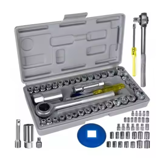 Trizand Juego de llaves de carraca 40 piezas, acero cromo-vanadio, con estuche. Incluye vasos métricos y en pulgadas, adaptador, extensión y destornillador. Alta resistencia a la corrosión y deformación. Para coche motos vehiculos para trabajos exigentes. - 1
