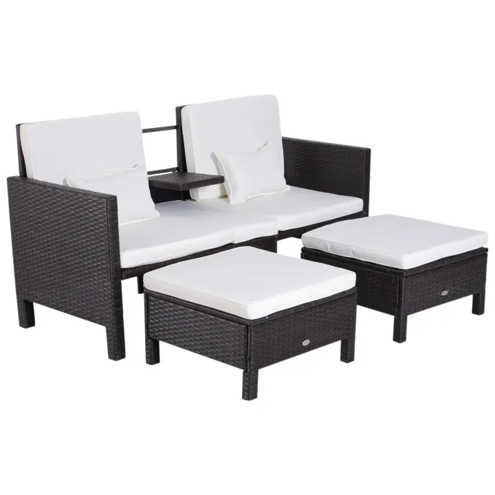 Outsunny 3 uds. Sofá de jardín, muebles de jardín, salón, grupo de asientos, muebles para ratas, poliratán + sofá de 2 plazas de metal, 2 cojines para taburete - 1