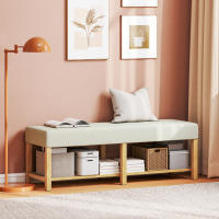 HOMCOM Banco Zapatero, Banco Recibidor Moderno, con Asiento Acolchado para 2 Personas, Estante Abierto, Marco de Madera, para Entrada, Pasillo, Salón, 140x44x48 cm, Crema y Madera Natural - details 3
