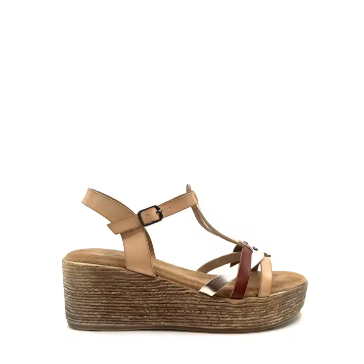 Maëlian - Sandalia Florida - cuña de 6 cm, y plantilla almohadillada para mayor comodidad. Diseño de tiras cruzadas en la pala con tachuelas a modo de decoración, con tira central en el empeine. Cierre de hebilla para mejor ajuste al pie. - 1