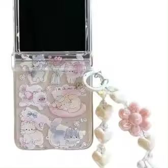 Funda para Samsung Galaxy Z Flip 6 (2024), transparente con diseño de gatos y cadena de perlas para niñas (Funda para Z Flip 5, Gato) - 1
