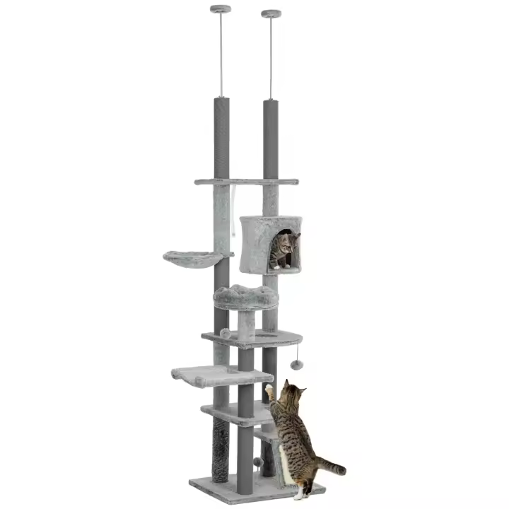 PawHut Árbol para Gatos de Suelo a Techo de 225-255 cm Árbol Rascador para Gatos con Altura Ajustable Plataformas Cueva Cama Hamaca Rampa Bolas Juguetes Gris - 1