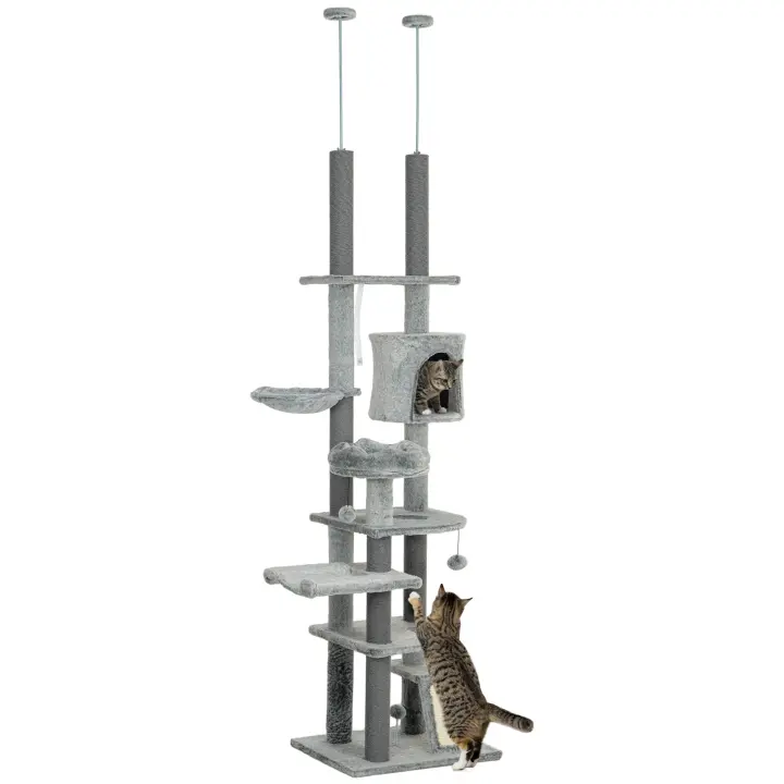 PawHut Árbol para Gatos de Suelo a Techo de 225-255 cm Árbol Rascador para Gatos con Altura Ajustable Plataformas Cueva Cama Hamaca Rampa Bolas Juguetes Gris - 1