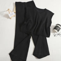 Nuevo traje de punto Korean, Chaleco sin Mangas de Color sólido, High Belt, pantalones de pierna Ancha adelgazantes, pantalones de Nueve Puntos, traje de Dos piezas (Negro) - details 0