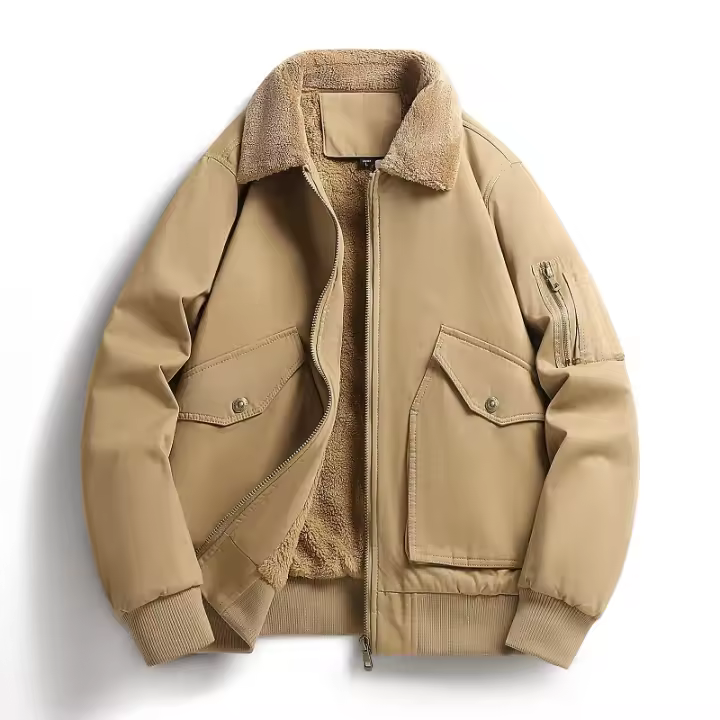 Winter Flight Jacket Man Solid Flip Collar Fleece Thickening Coats Outdoors New Keep Warm Multiple Pockets Pure Cotton Tops Man - 1