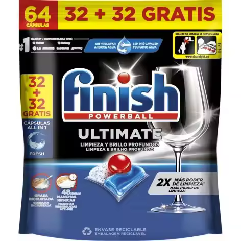 Finish Ultimate ,64 LAVADOS Pastillas para el Lavavajillas, Limpieza intensiva, brillo diamante y protección vajilla, 60 Pastillas - 1