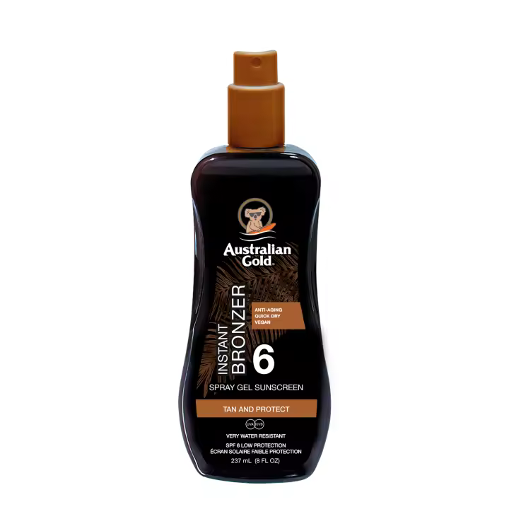 Australian Gold SPF 6 SPRAY GEL W/ BRONZER, protector solar en spray con textura de gel con acelerador del bronceado, 237ml - 1