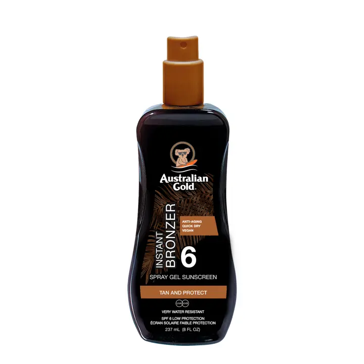Australian Gold SPF 6 SPRAY GEL W/ BRONZER, protector solar en spray con textura de gel con acelerador del bronceado, 237ml - 1
