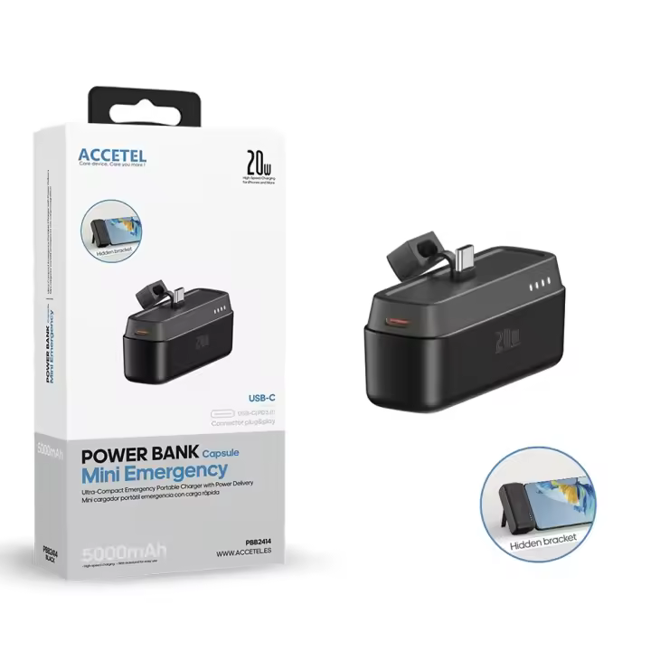 Mini Batería externa Auxiliar USB-C de Carga Rápida 5000mAh 20W PD 3.0 - Negro PBB2414B Marca Accetel - 1