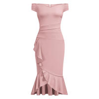 Vestido Elegante Para Mujer De Encaje Con Volante Y Cintura Ajustada Vestido De Fiesta Con Hombros Descubiertos Y Abertura En La Pierna Vestido Clásico De Cintura Alta Y Acolchado - details 12