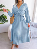 Vestido Largo Elegante Para Mujer Con Cuello En V Manga Larga Pleated Maxi Con Cinturón Estilo Casual De Pierna Larga - details 58