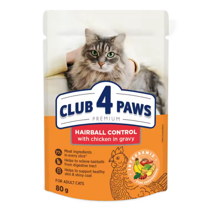 Comida húmeda completa para para gatos adultos CLUB 4 PAWS PREMIUM- "Control de bolas de pelo" PACK 24*80g - 1