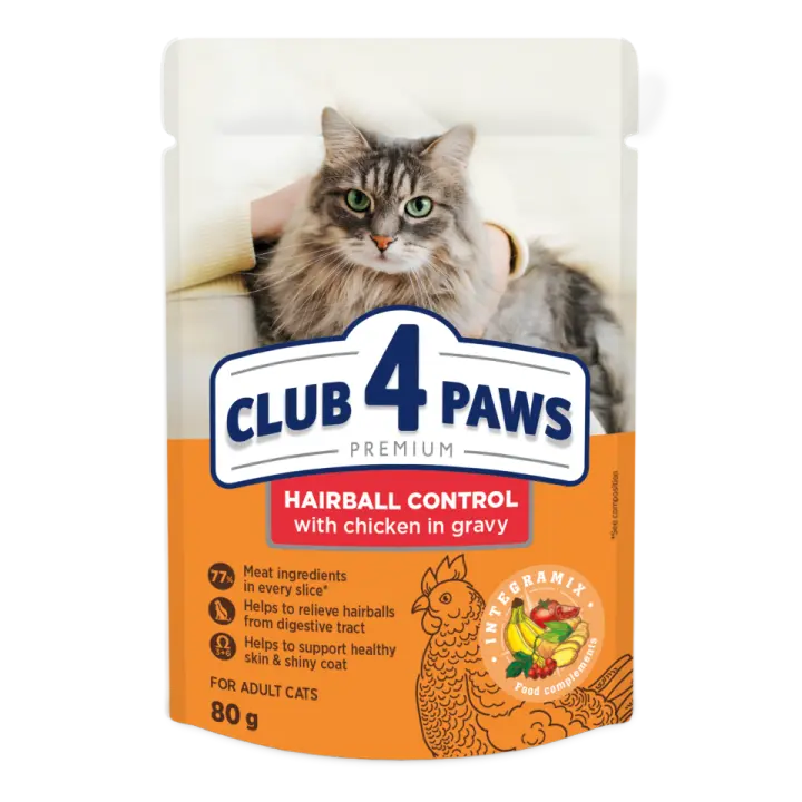Comida húmeda completa para para gatos adultos CLUB 4 PAWS PREMIUM- "Control de bolas de pelo" PACK 24*80g - 1