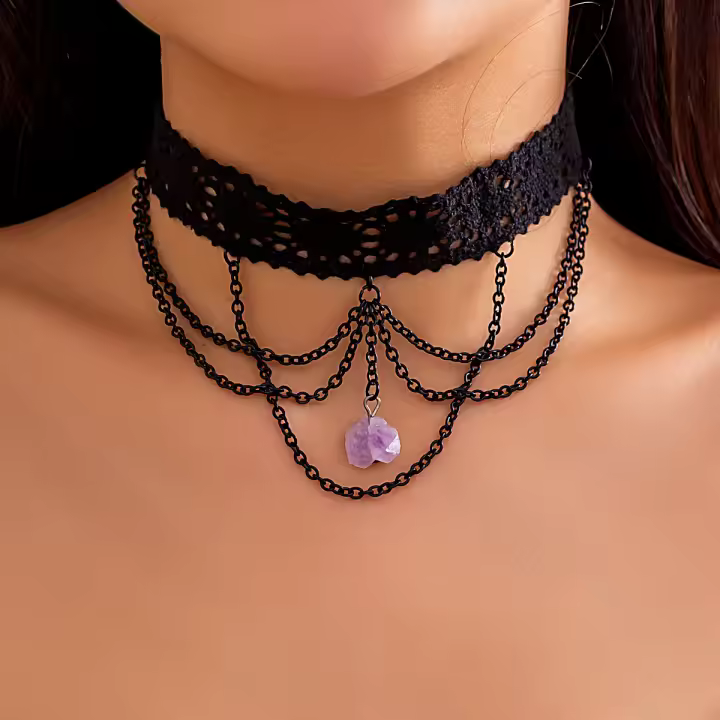 Collar Gótico Negro Con Encaje Y Pendiente De Piedra Morada Para Mujer Estilo Vintage Multicapa Cadena Metálica Para Fiesta De Halloween Joyería Steampunk - 1