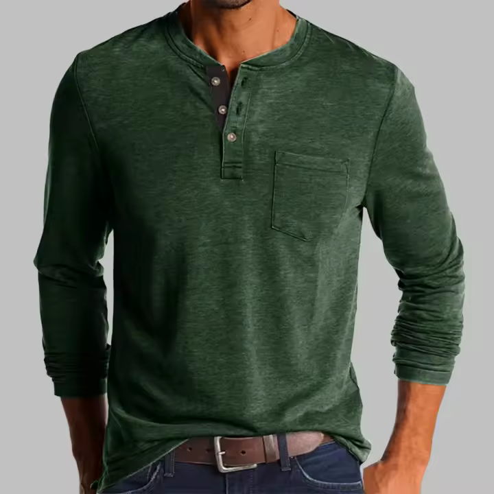 Camiseta De Hombre Elegante De Moda Primavera/Otoño Con Botones Collar Abierto Parcial Solido Con Bolsillo Manga Larga Top Para Comercio - 1