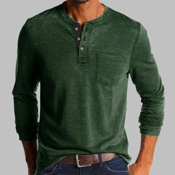 Camiseta De Hombre Elegante De Moda Primavera/Otoño Con Botones Collar Abierto Parcial Solido Con Bolsillo Manga Larga Top Para Comercio - 1