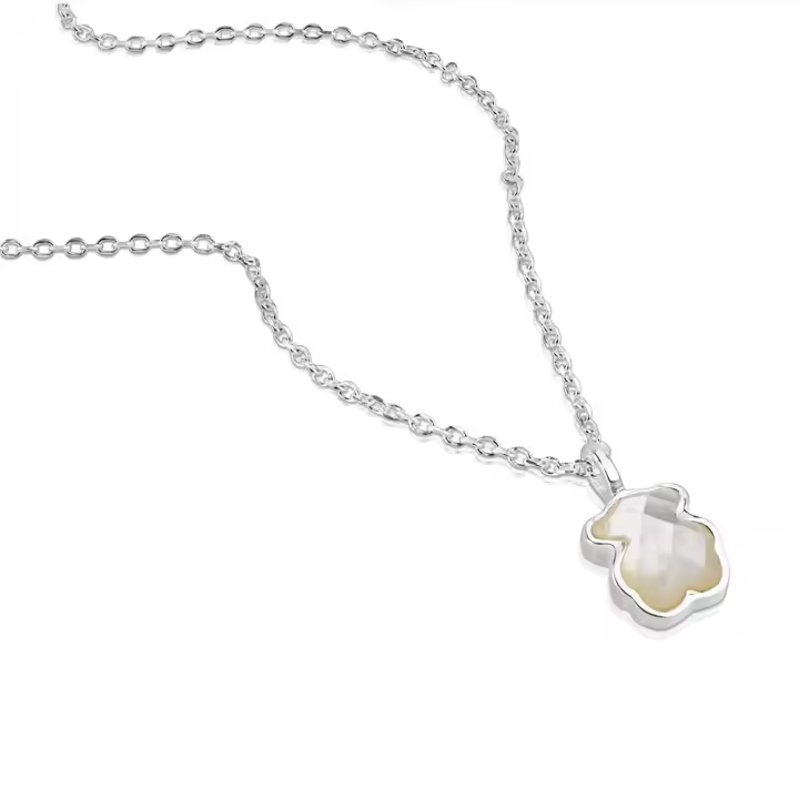 Collar de Oso de Piedra Natural de Plata de Ley 925, Ágata nácar, Estil INS de alta gama, combinable, 1,1 cm cuello ancho 45 cm - 1