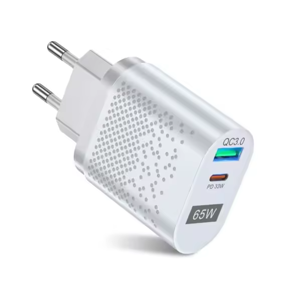 Cargador GaN de 65 W para EE. UU., UE, Reino Unido y Corea, compatible con QC 3.0, USB PD, cargador de pared tipo C, cargador rápido USB para portátil, teléfono, adaptador de banco de energía, color blanco - UE - 1