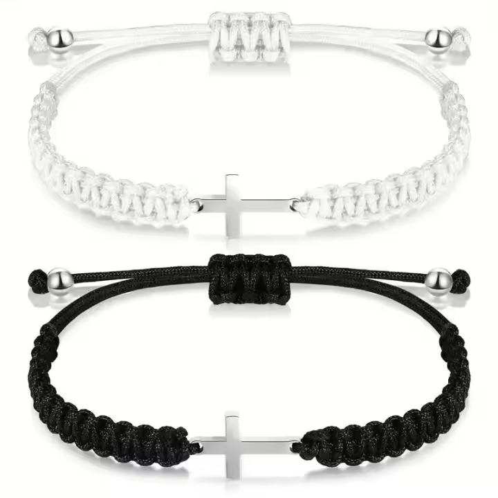 Pareja De Pulseras Cruzadas De Acero Inoxidable Ajustable En Blanco Y Negro - 1