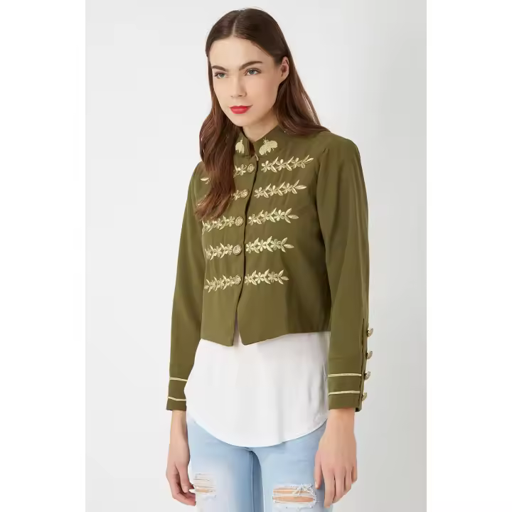 Chaqueta mujer fashion jacket militar bordada La Morena LA-260242 diseño liso cuello mao manga larga elegante confortable exclusiva color caqui talla 38 forro interior ✅Entrega 24/48h - 1